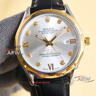 AAA Copy Rolex Datejust Silver Dial Citizen 8215 Movement Black Leather Strap Watch 